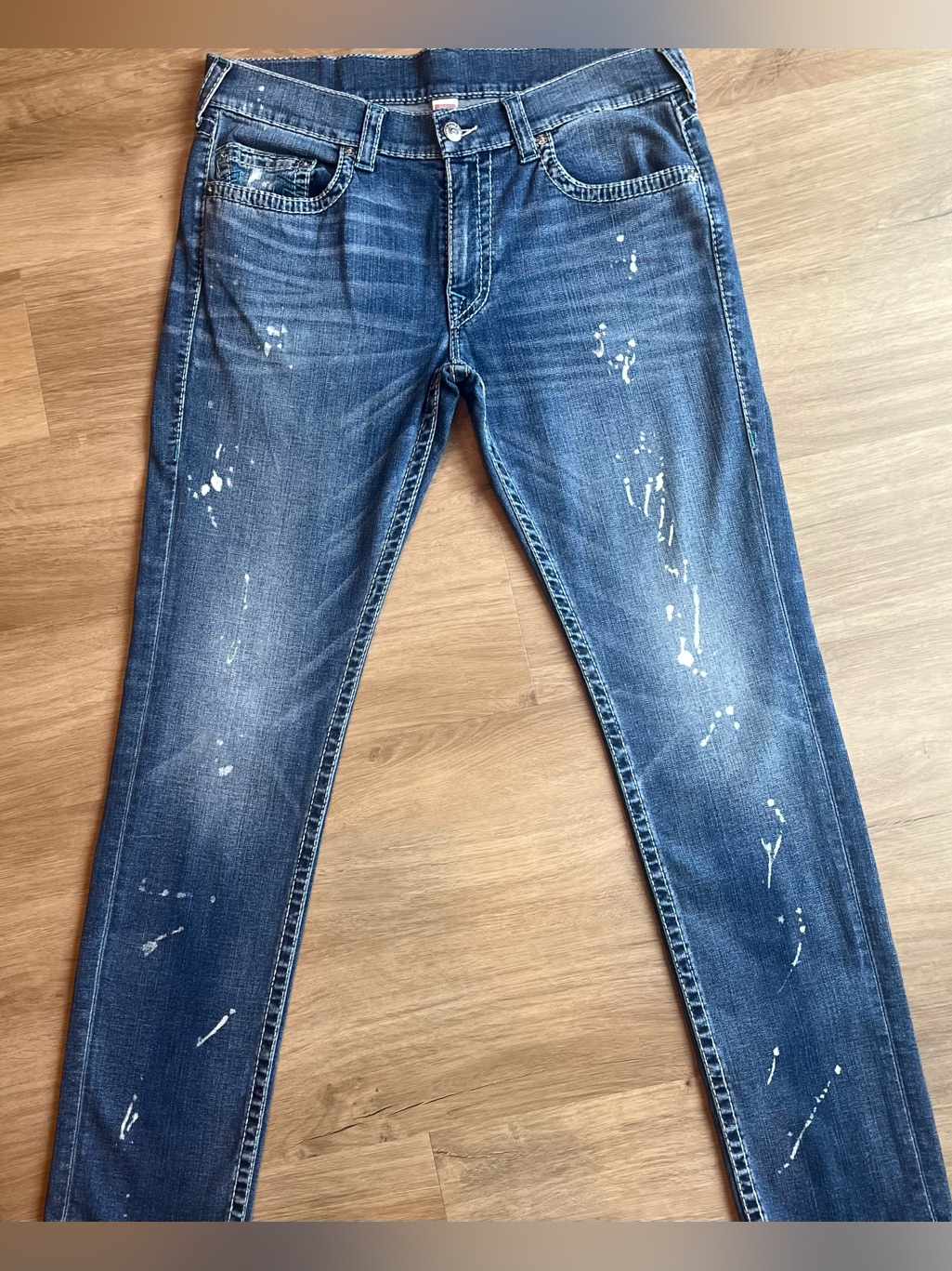 True Religion Men's Rocco Skinny No Flap Big T Jeans-Blue Paint Splatter Size 36